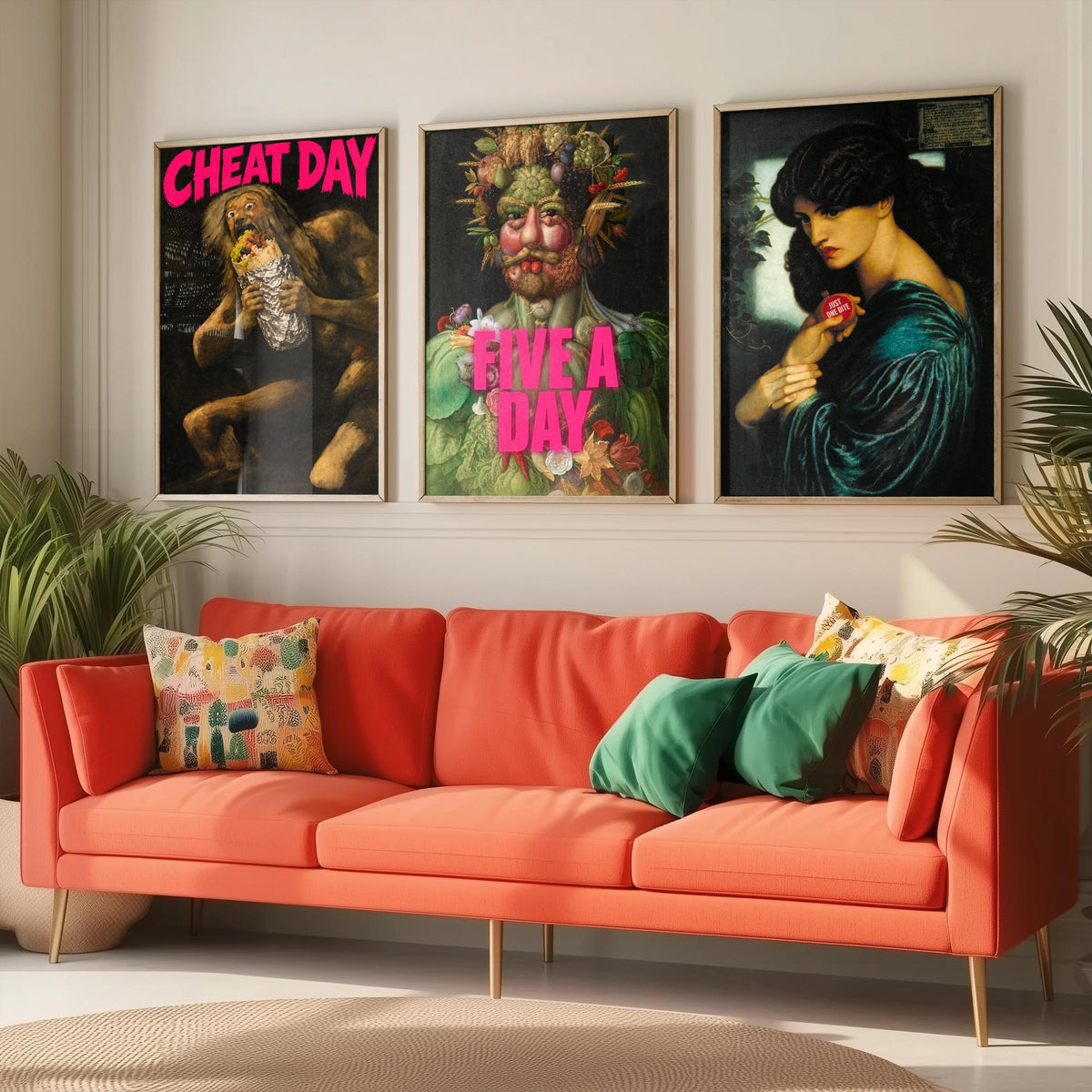 Funny Diet Set of Three Art Prints - Cheat Day, Five a Day, Just One Bite - Classic Painting Parody Poster