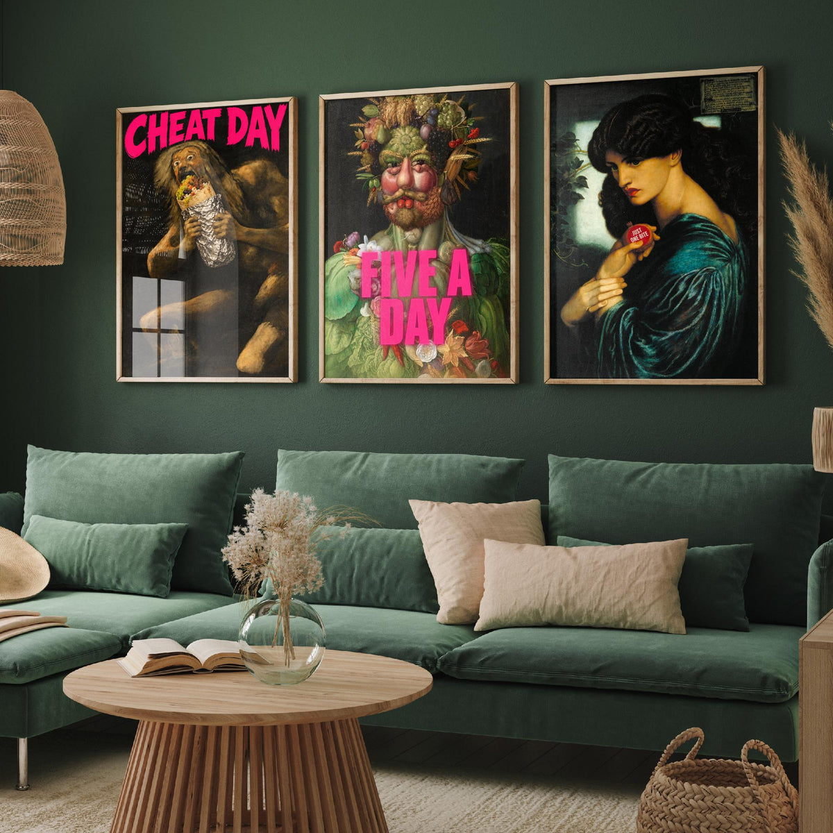 Funny Diet Set of Three Art Prints - Cheat Day, Five a Day, Just One Bite - Classic Painting Parody Poster