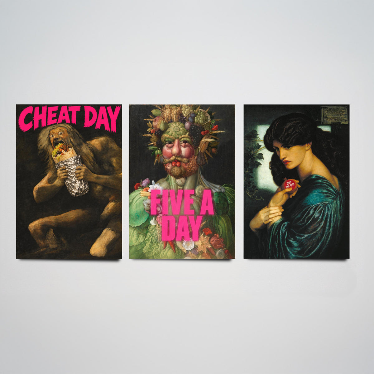 Funny Diet Set of Three Art Prints - Cheat Day, Five a Day, Just One Bite - Classic Painting Parody Poster