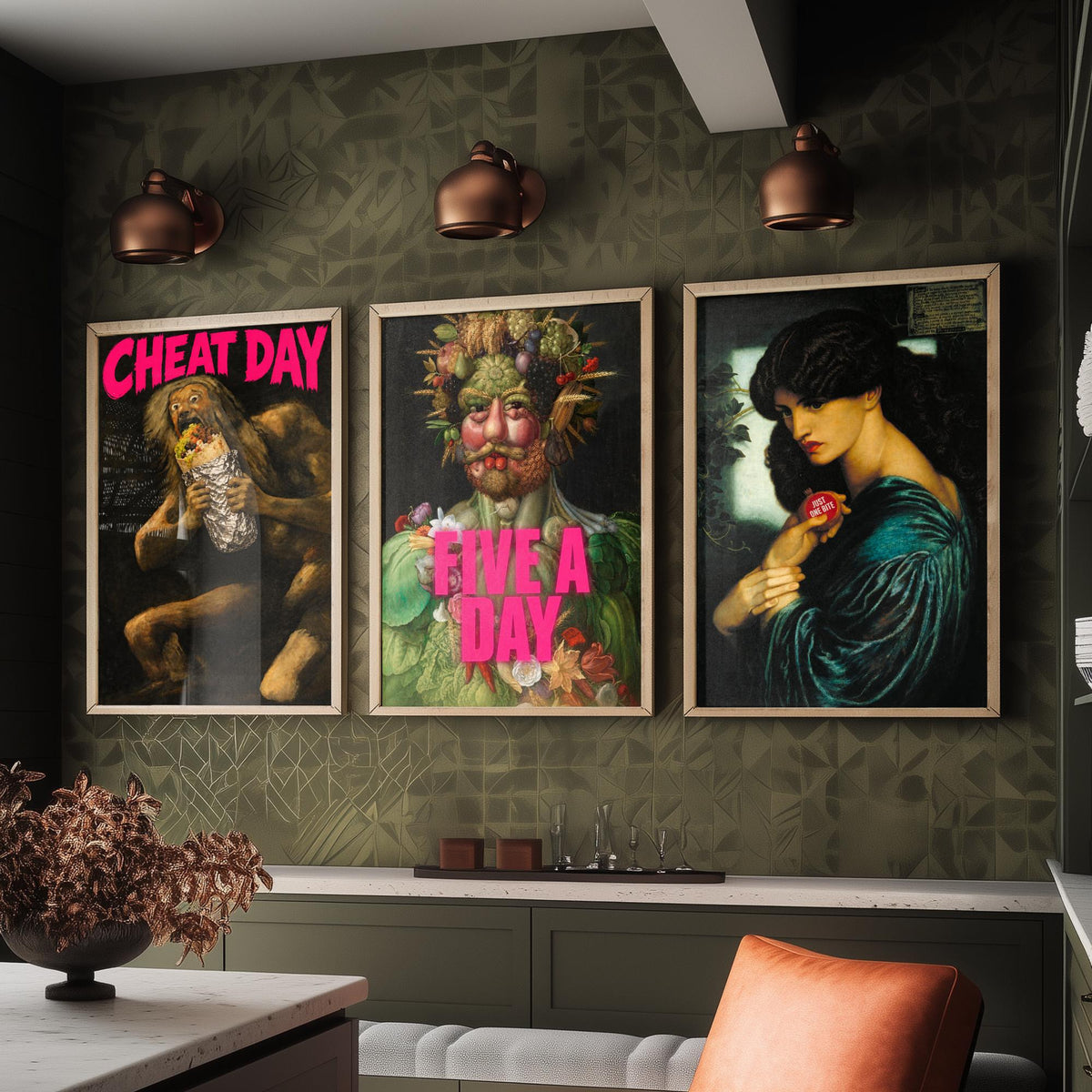 Funny Diet Set of Three Art Prints - Cheat Day, Five a Day, Just One Bite - Classic Painting Parody Poster