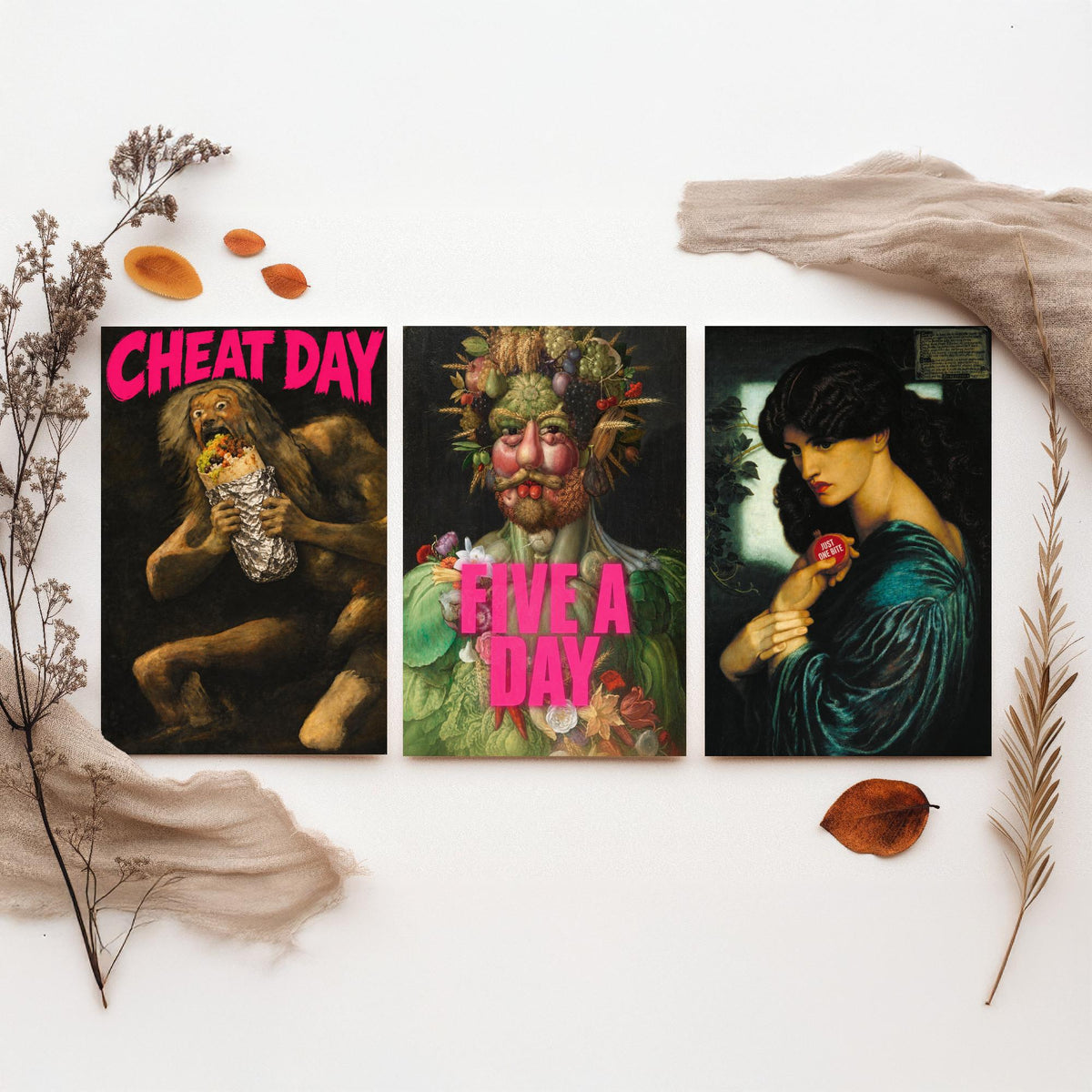 Funny Diet Set of Three Art Prints - Cheat Day, Five a Day, Just One Bite - Classic Painting Parody Poster