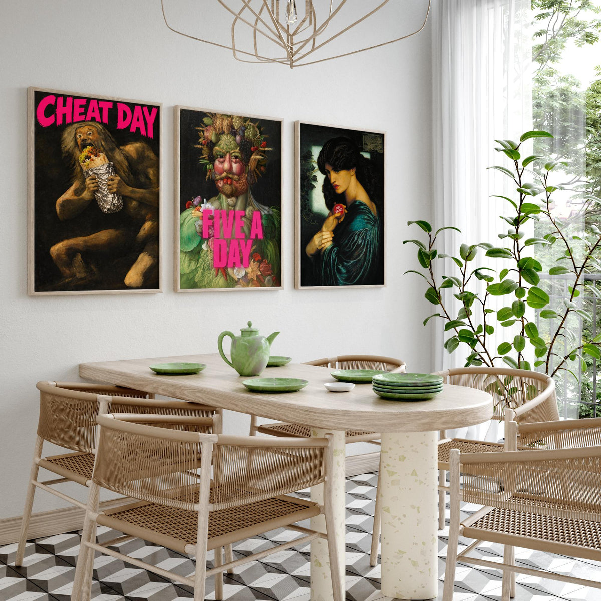 Funny Diet Set of Three Art Prints - Cheat Day, Five a Day, Just One Bite - Classic Painting Parody Poster