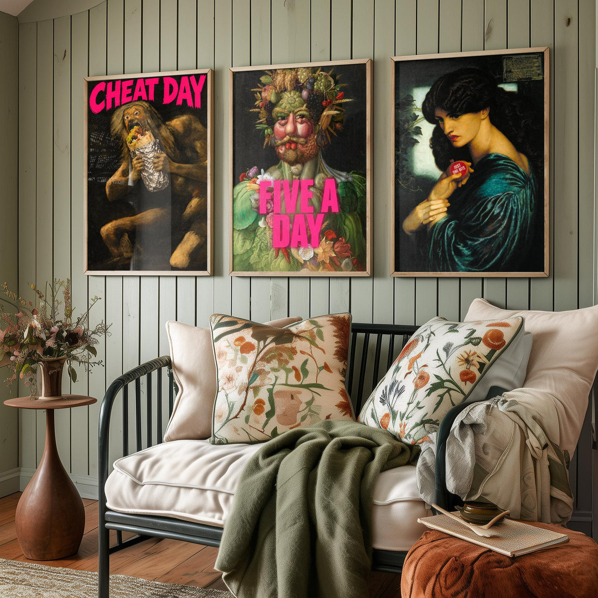Funny Diet Set of Three Art Prints - Cheat Day, Five a Day, Just One Bite - Classic Painting Parody Poster
