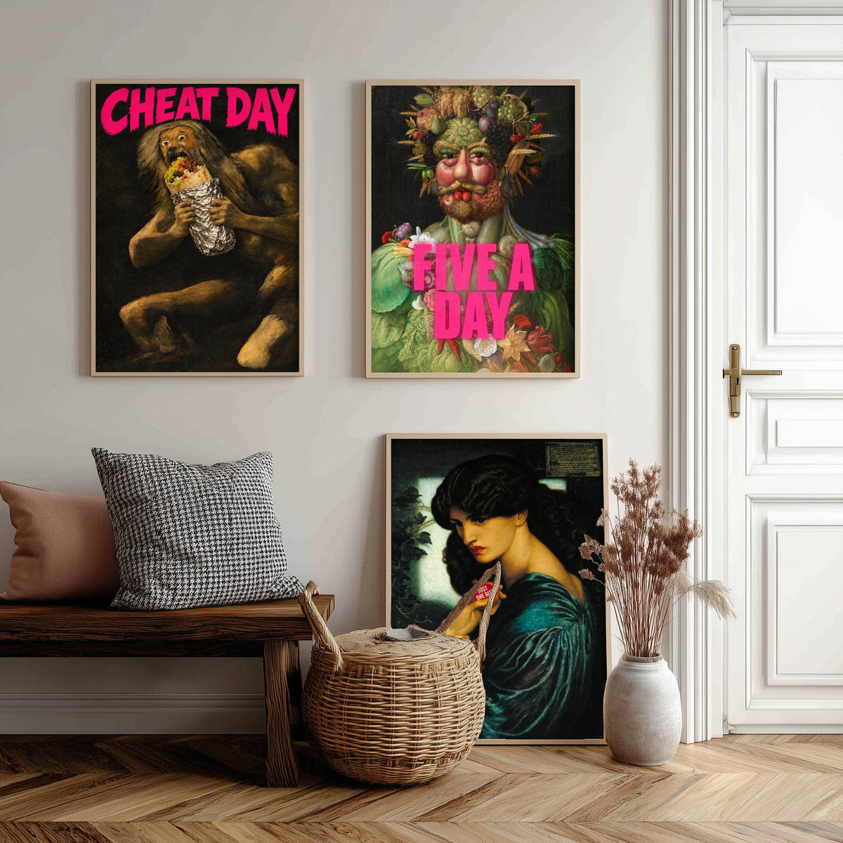 Funny Diet Set of Three Art Prints - Cheat Day, Five a Day, Just One Bite - Classic Painting Parody Poster