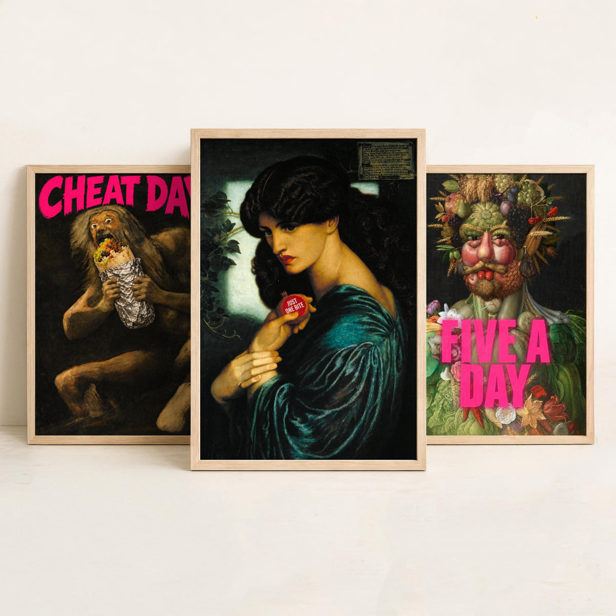 Funny Diet Set of Three Art Prints - Cheat Day, Five a Day, Just One Bite - Classic Painting Parody Poster