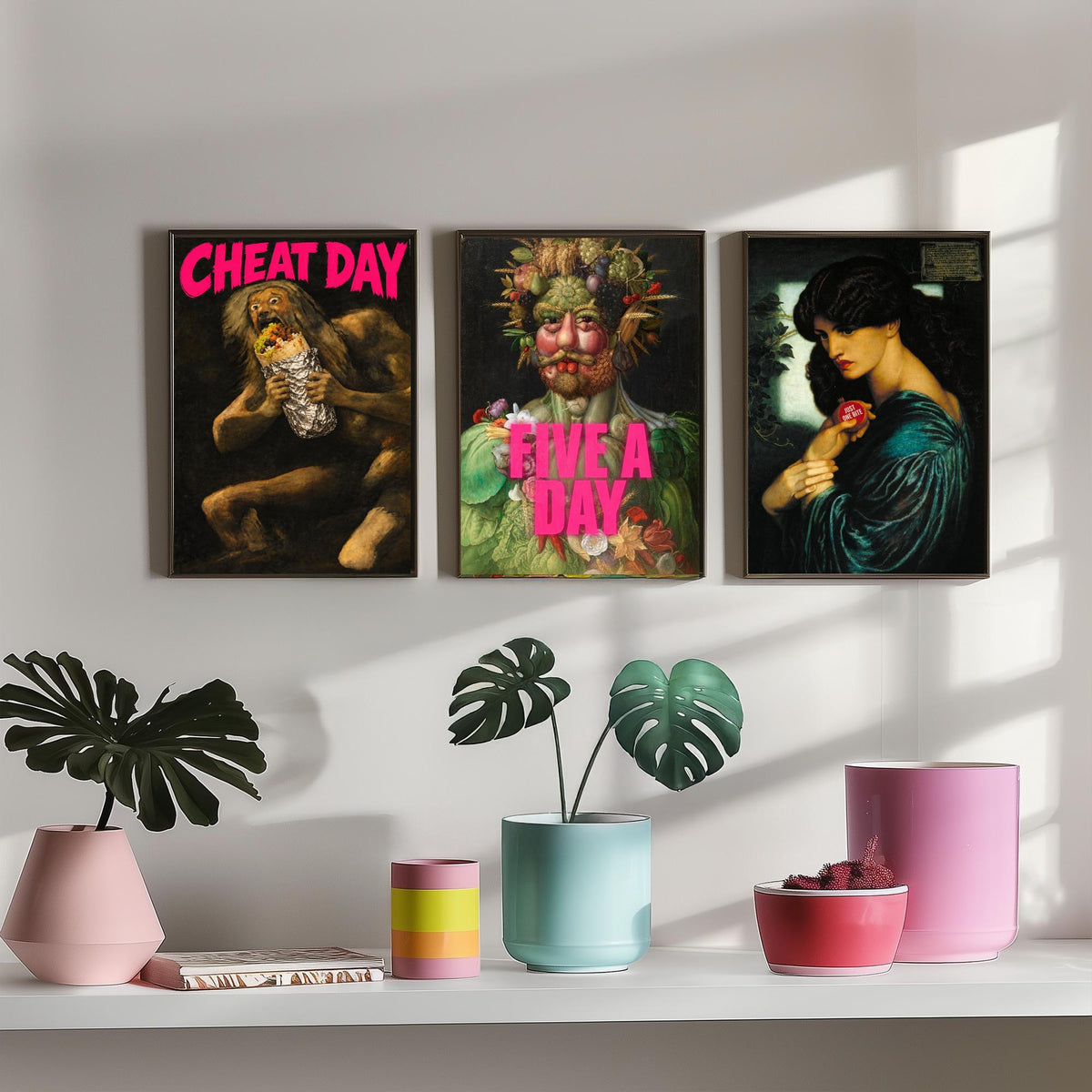 Funny Diet Set of Three Art Prints - Cheat Day, Five a Day, Just One Bite - Classic Painting Parody Poster
