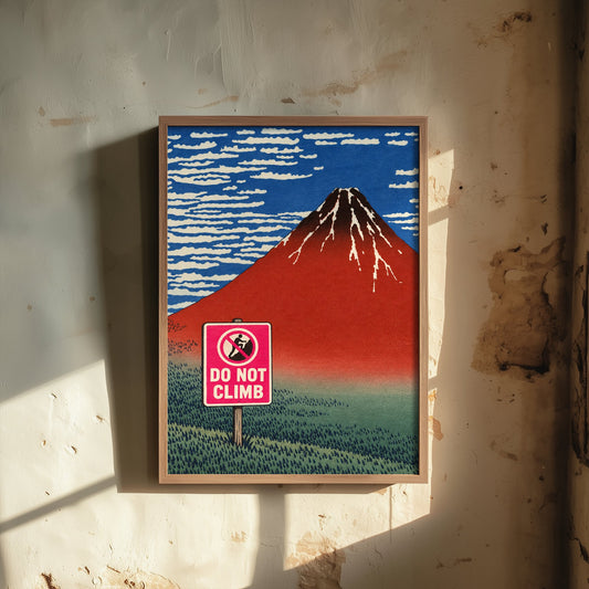 Do Not Climb Funny Art Print - Red Fuji by Hokusai Parody Poster - Altered Classic Woodcut - Hiker Gift