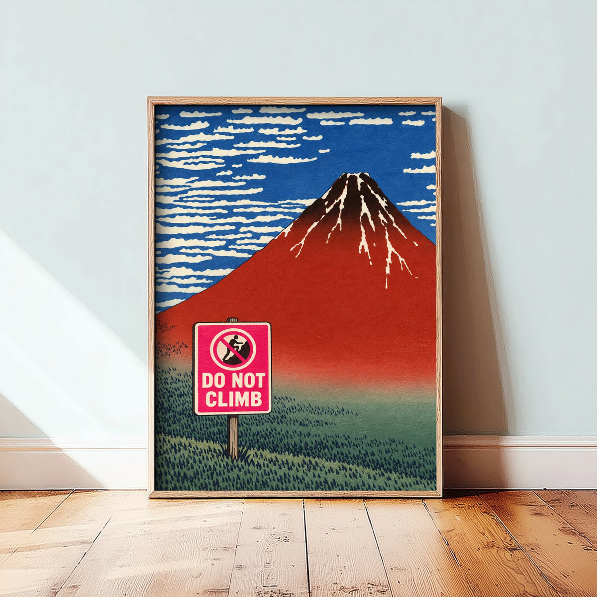 Do Not Climb Funny Art Print - Red Fuji by Hokusai Parody Poster - Altered Classic Woodcut - Hiker Gift