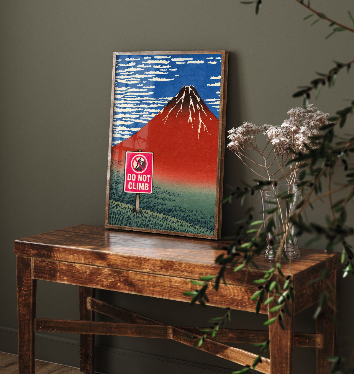 Do Not Climb Funny Art Print - Red Fuji by Hokusai Parody Poster - Altered Classic Woodcut - Hiker Gift