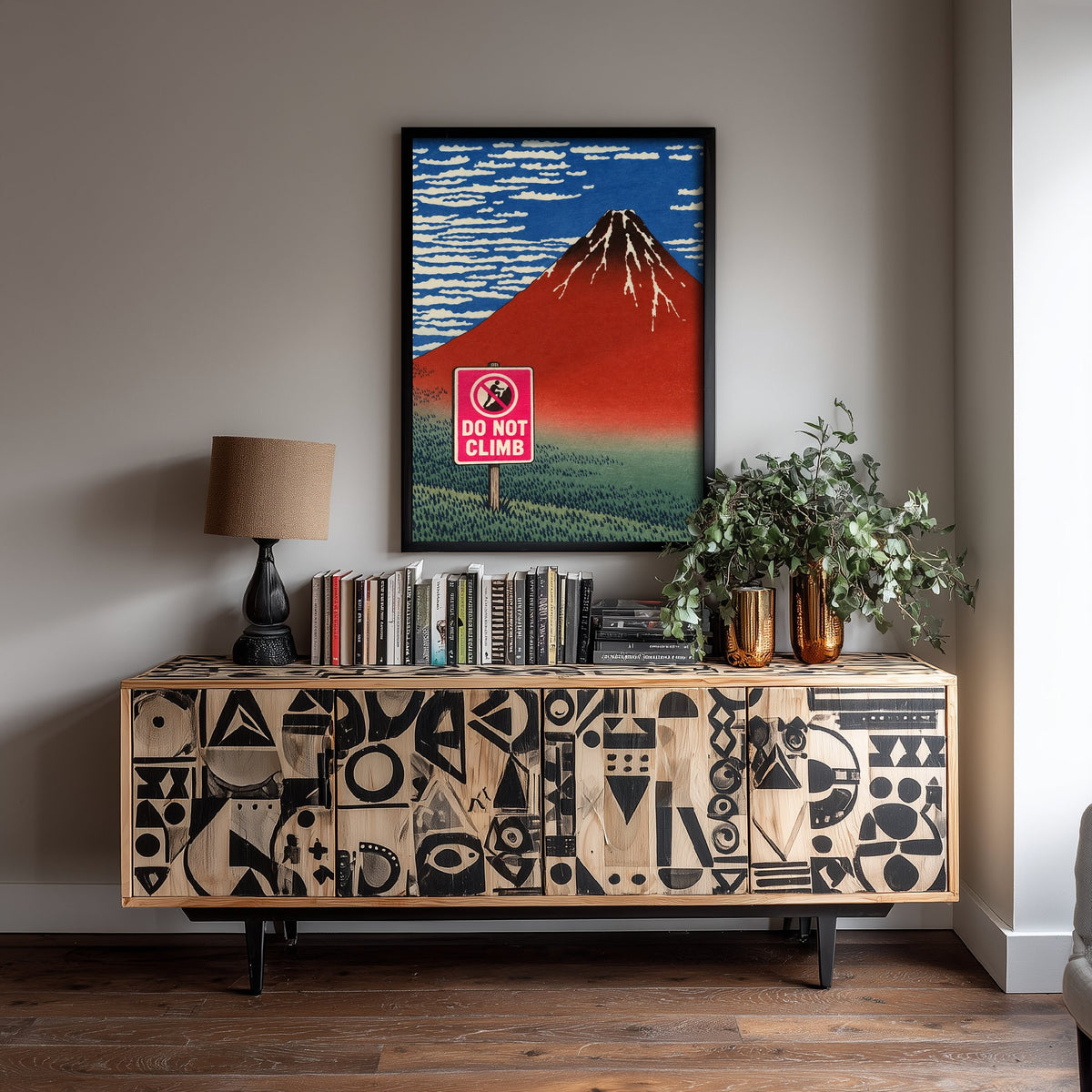 Do Not Climb Funny Art Print - Red Fuji by Hokusai Parody Poster - Altered Classic Woodcut - Hiker Gift