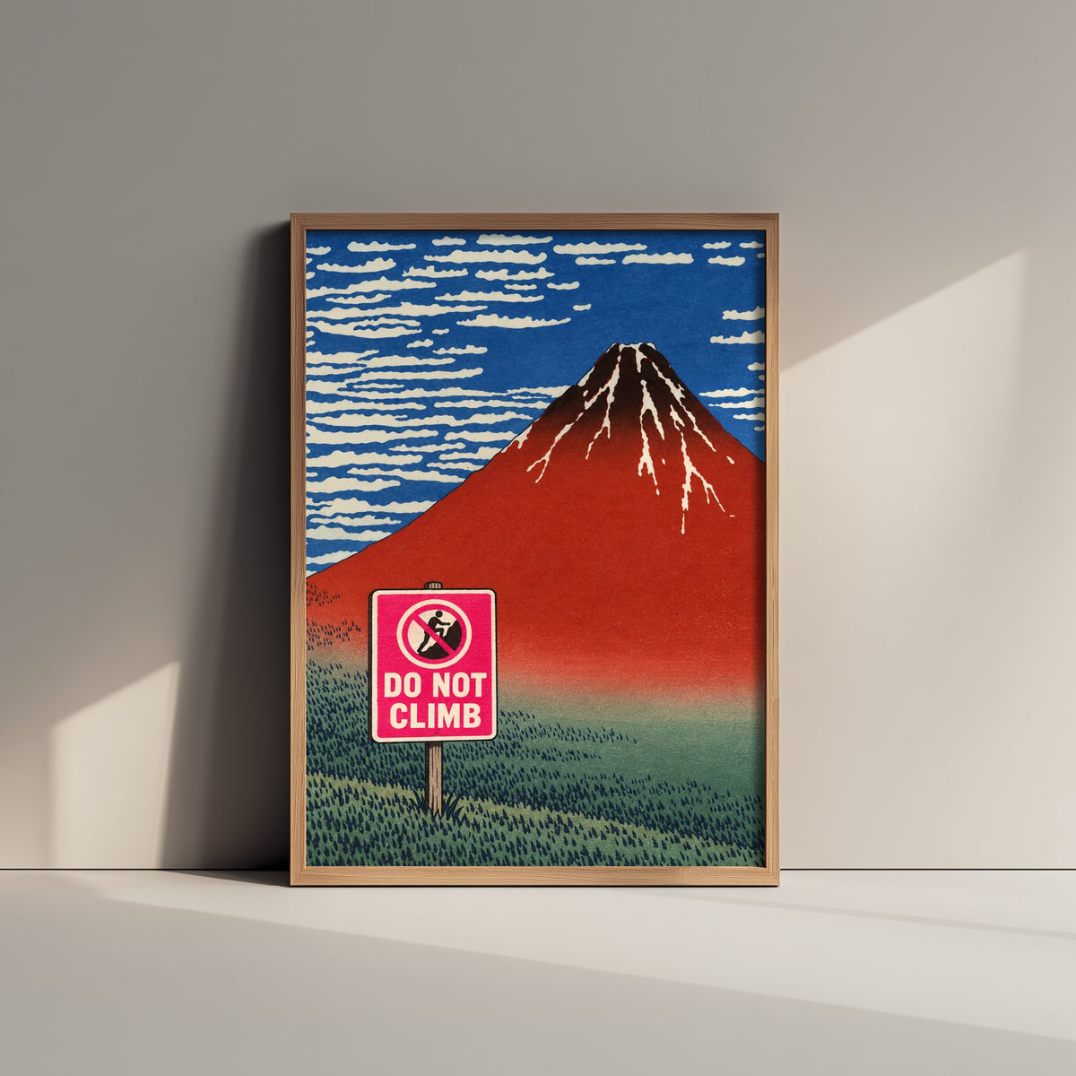 Do Not Climb Funny Art Print - Red Fuji by Hokusai Parody Poster - Altered Classic Woodcut - Hiker Gift