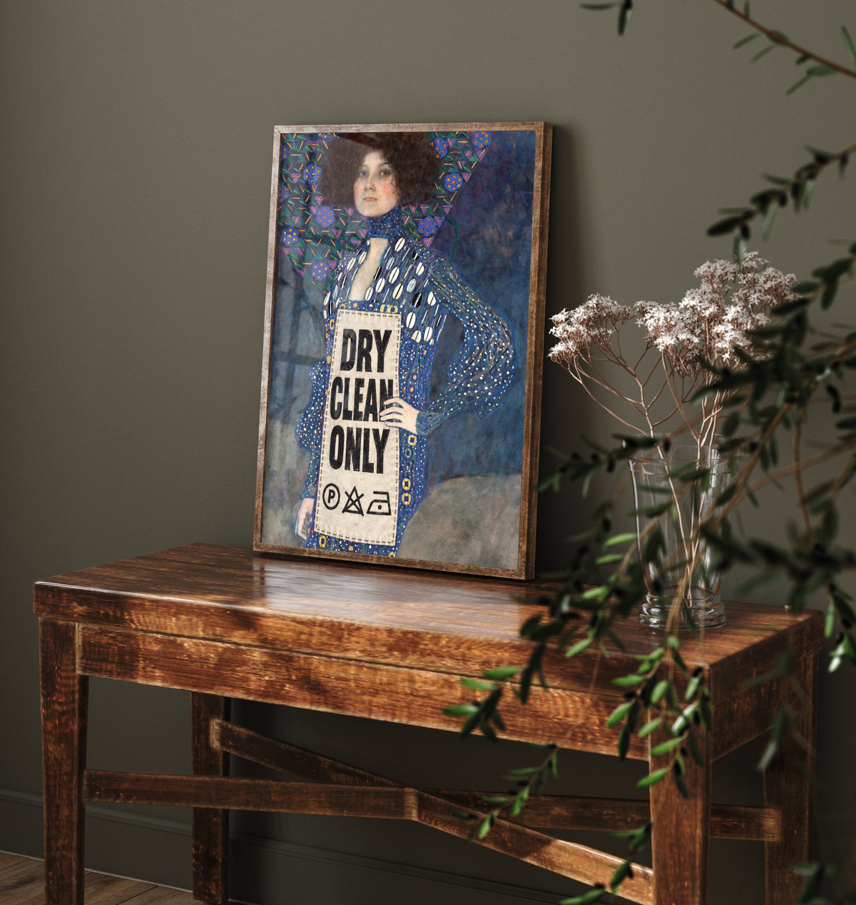 Dry Clean Only Funny Art Print - Portrait of Emilie Floge by Klimt Parody Poster - Altered Classic Painting - Fashion Lover Gift