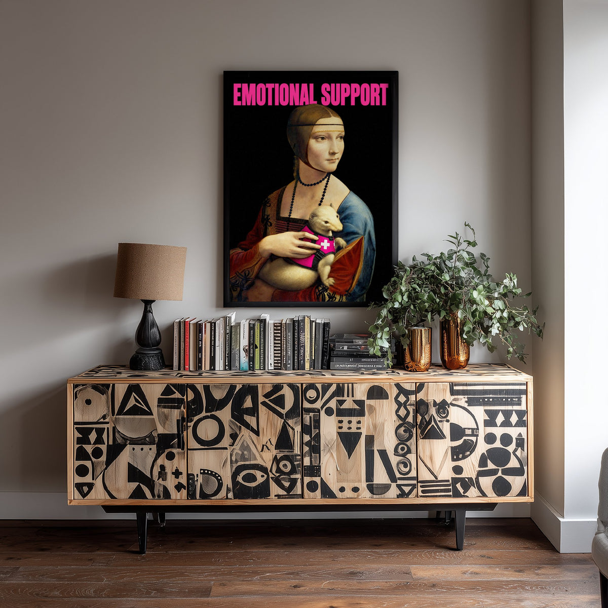 Emotional Support Funny Art Print - Lady with an Ermine by Leonardo da Vinci Parody Poster - Altered Classic Painting - Pet Lover Gift
