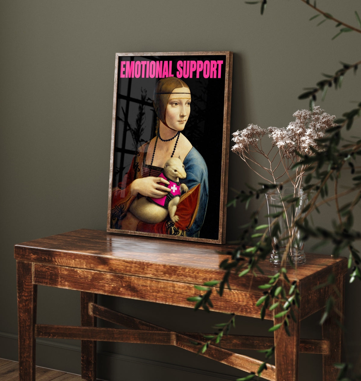 Emotional Support Funny Art Print - Lady with an Ermine by Leonardo da Vinci Parody Poster - Altered Classic Painting - Pet Lover Gift