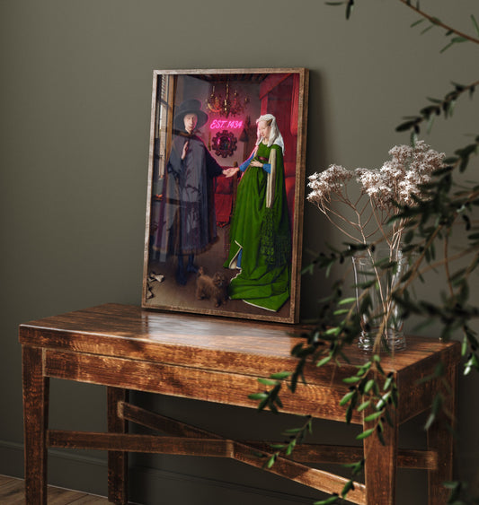 Est 1434 Funny Art Print - The Arnolfini Portrait by van Eyck Parody Poster - Altered Classic Painting - Wedding Gift