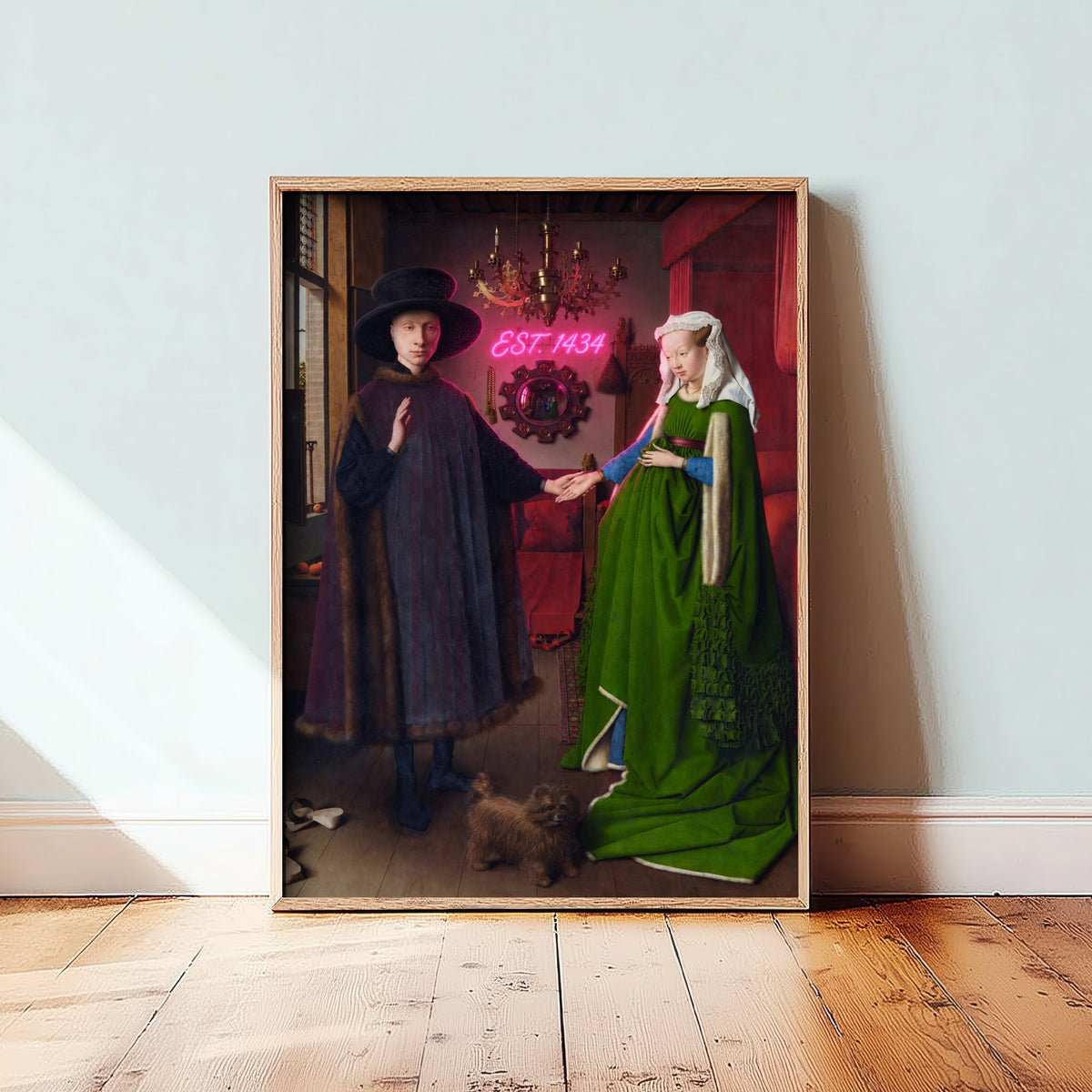 Est 1434 Funny Art Print - The Arnolfini Portrait by van Eyck Parody Poster - Altered Classic Painting - Wedding Gift