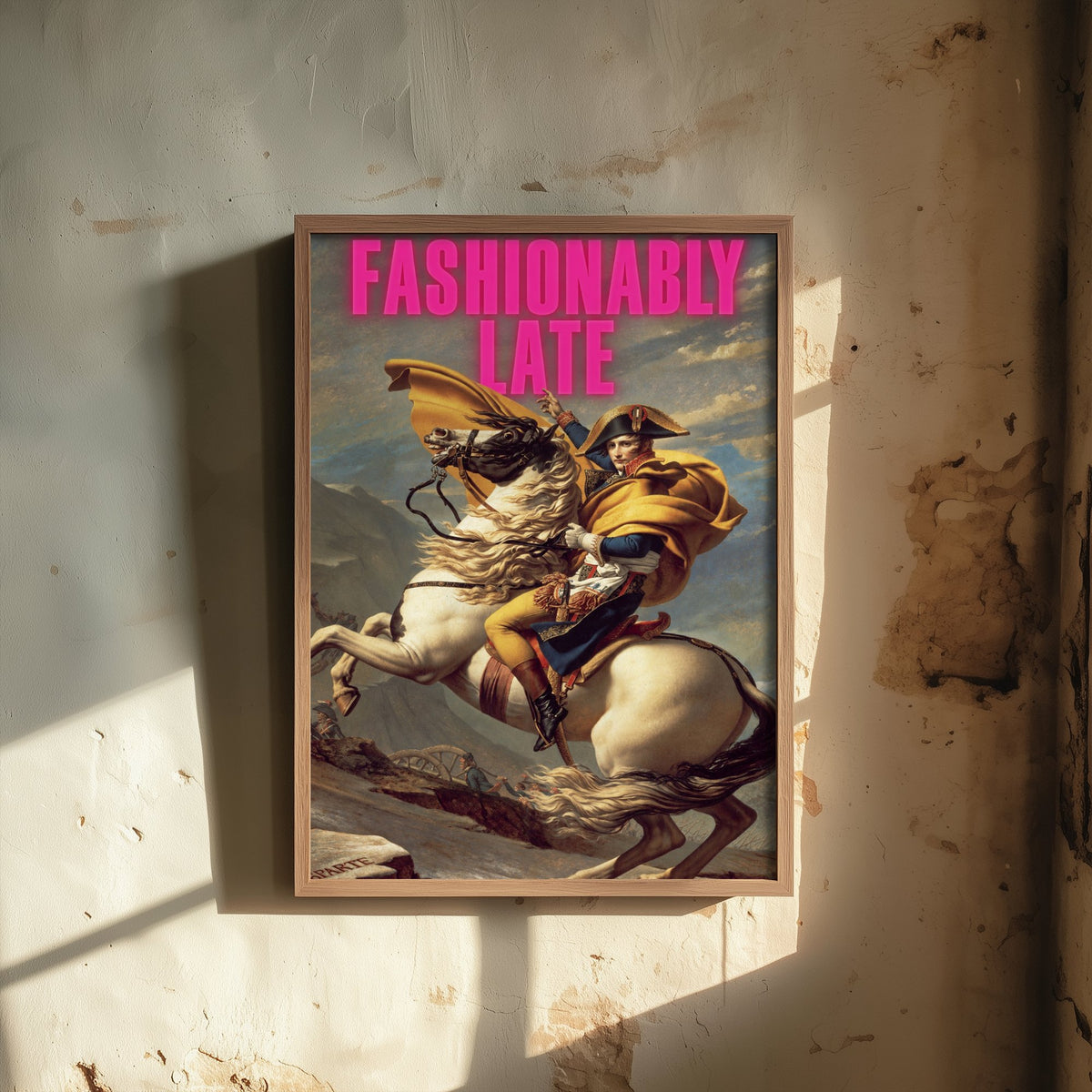 Fashionably Late Funny Art Print - Napoleon Crossing the Alps by David Parody Poster - Altered Classic Painting - Always Late Gift