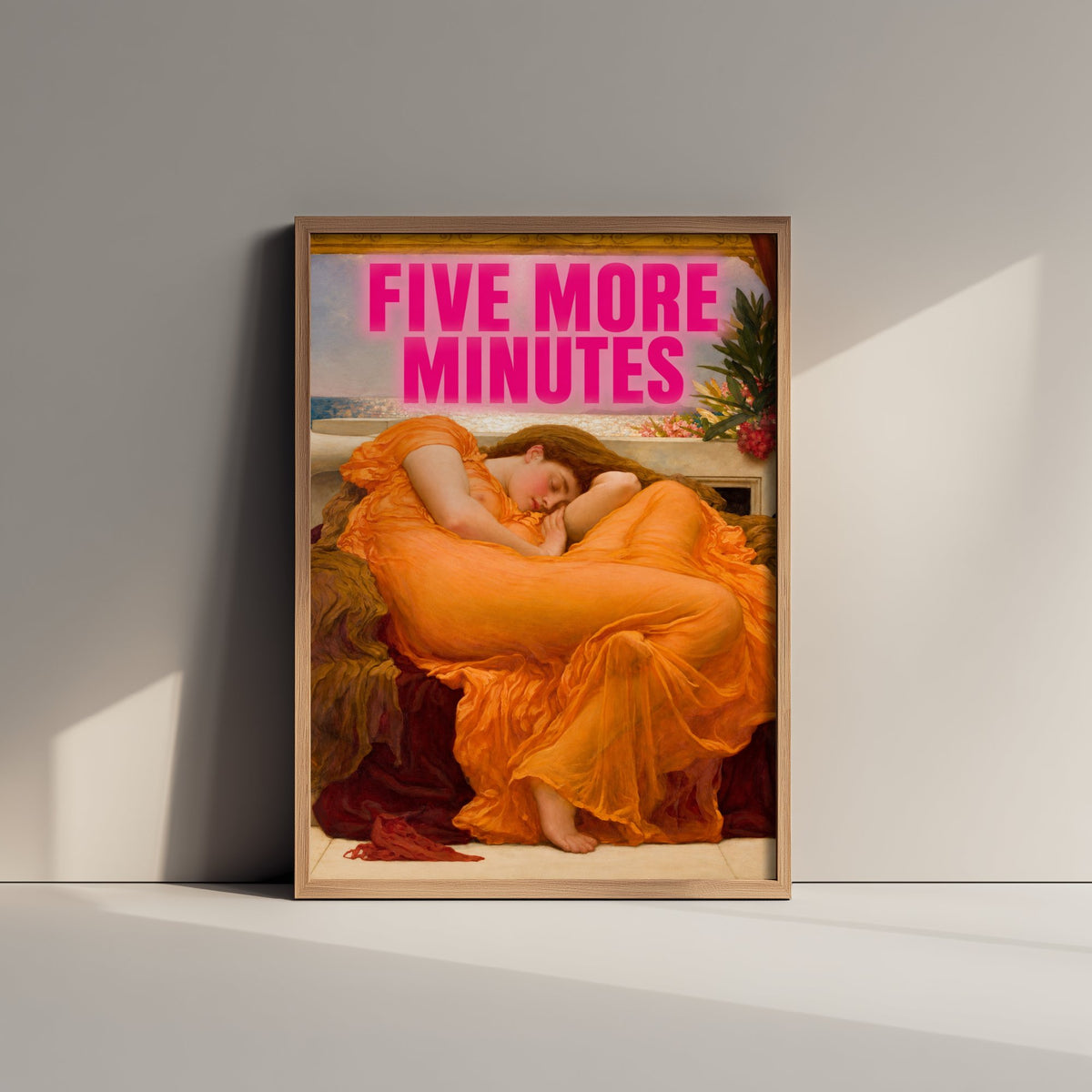 Five More Minutes Funny Art Print - Flaming June by Leighton Parody Poster - Altered Classic Painting - Night Owl Gift