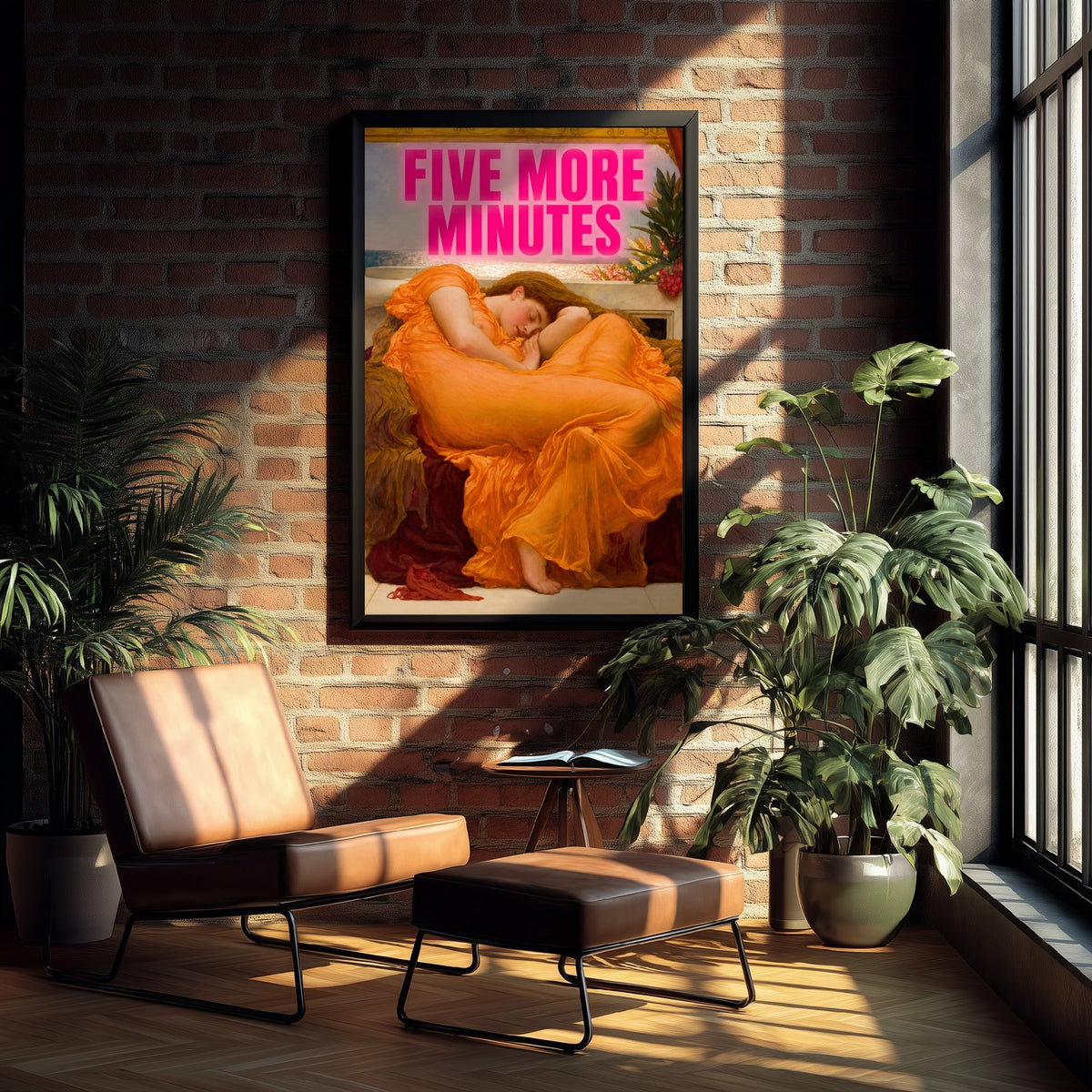 Five More Minutes Funny Art Print - Flaming June by Leighton Parody Poster - Altered Classic Painting - Night Owl Gift