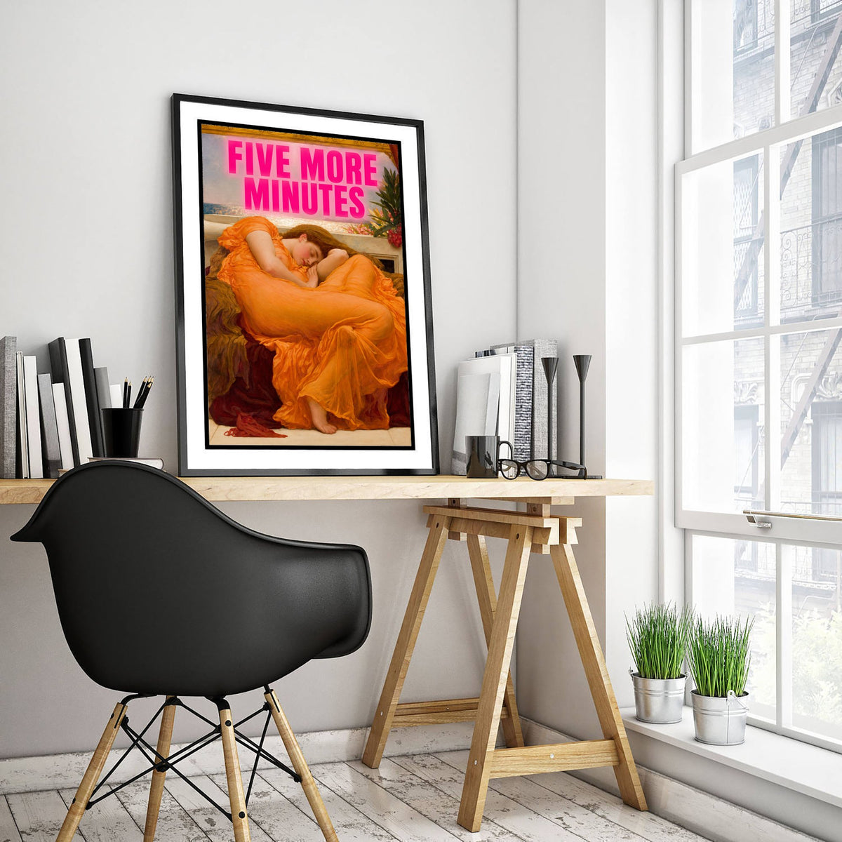 Five More Minutes Funny Art Print - Flaming June by Leighton Parody Poster - Altered Classic Painting - Night Owl Gift