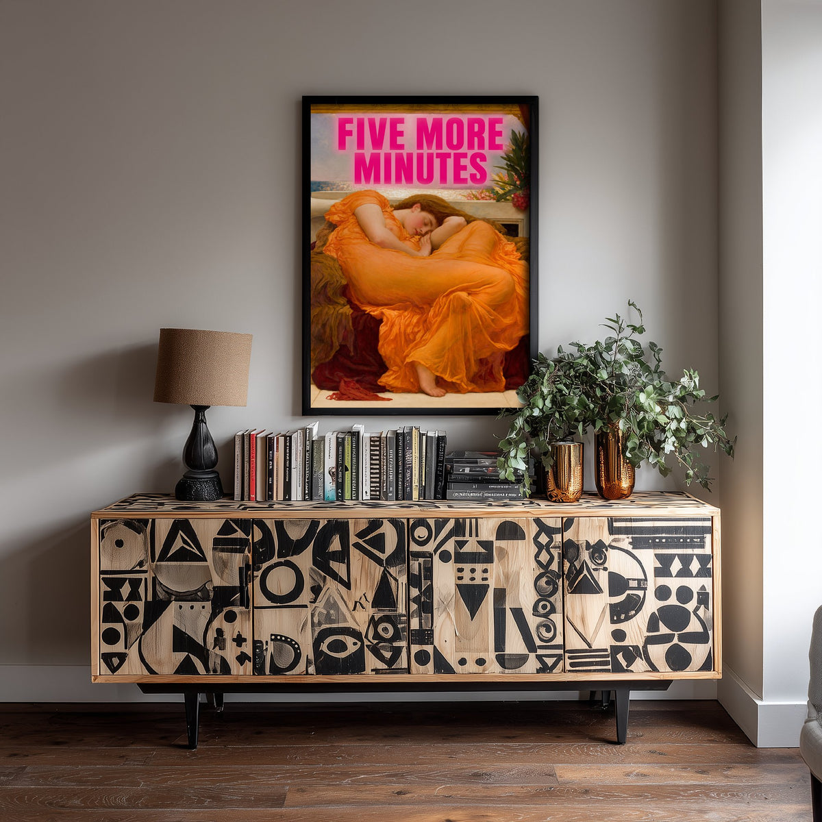 Five More Minutes Funny Art Print - Flaming June by Leighton Parody Poster - Altered Classic Painting - Night Owl Gift