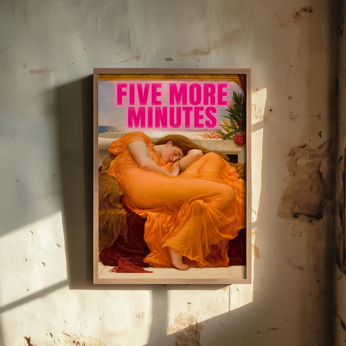 Five More Minutes Funny Art Print - Flaming June by Leighton Parody Poster - Altered Classic Painting - Night Owl Gift