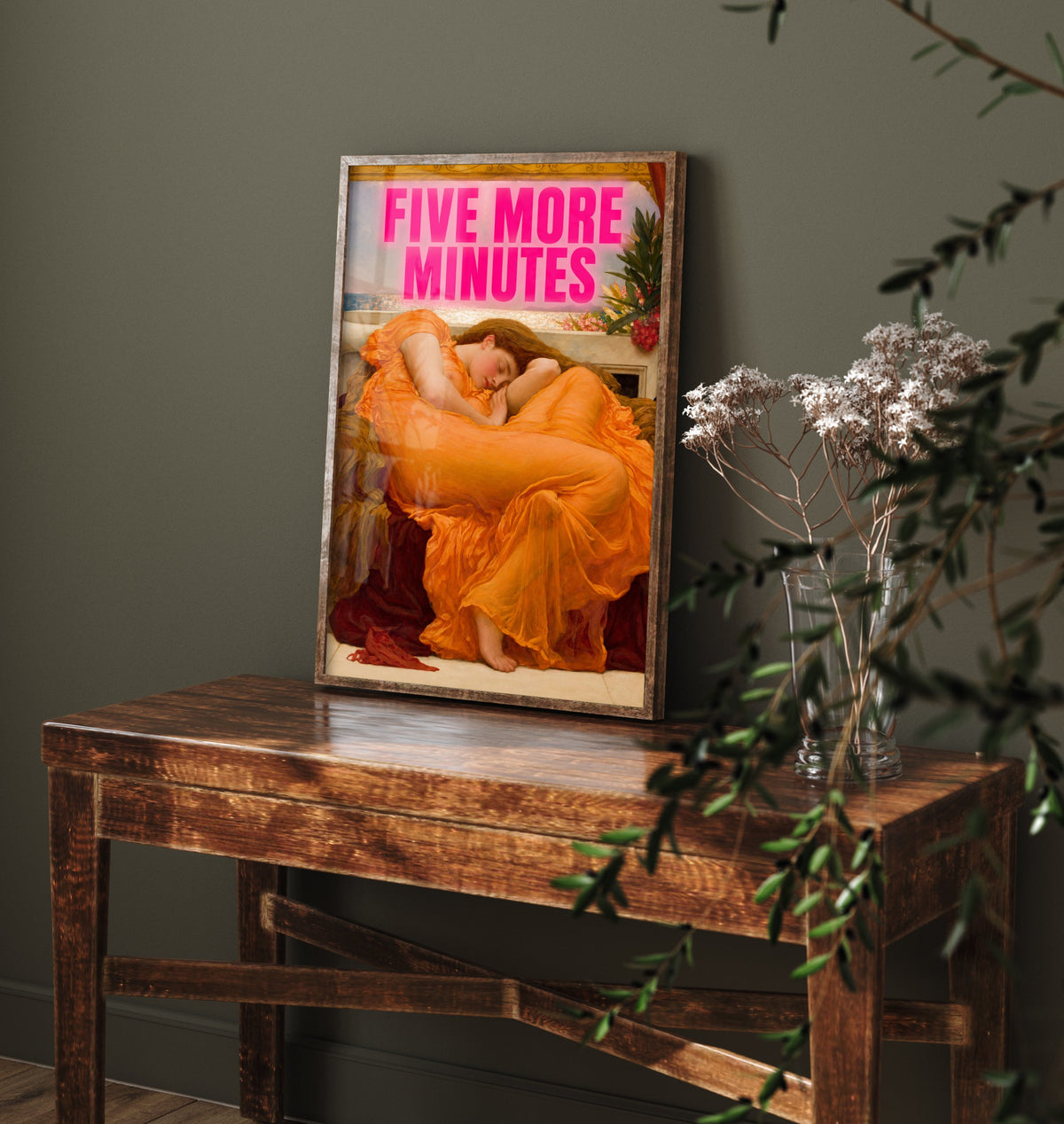 Five More Minutes Funny Art Print - Flaming June by Leighton Parody Poster - Altered Classic Painting - Night Owl Gift