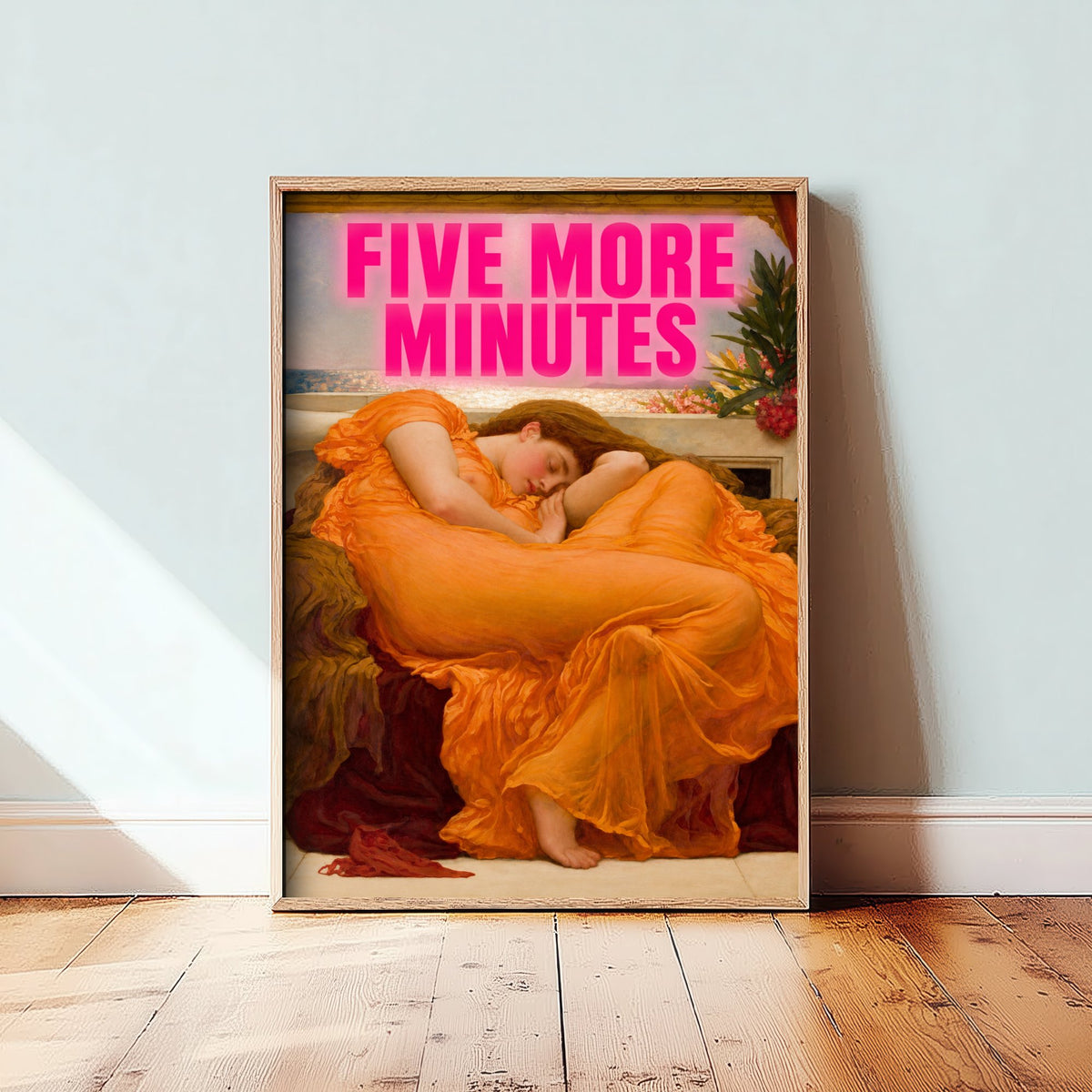 Five More Minutes Funny Art Print - Flaming June by Leighton Parody Poster - Altered Classic Painting - Night Owl Gift