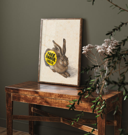 Free Range Funny Art Print - Young Hare by Durer Parody Poster - Altered Classic Watercolour - Animal Lover Gift