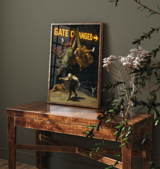 Gate Changed Funny Art Print - Witches Flight by Goya Parody Poster - Altered Classic Painting - Traveller Gift