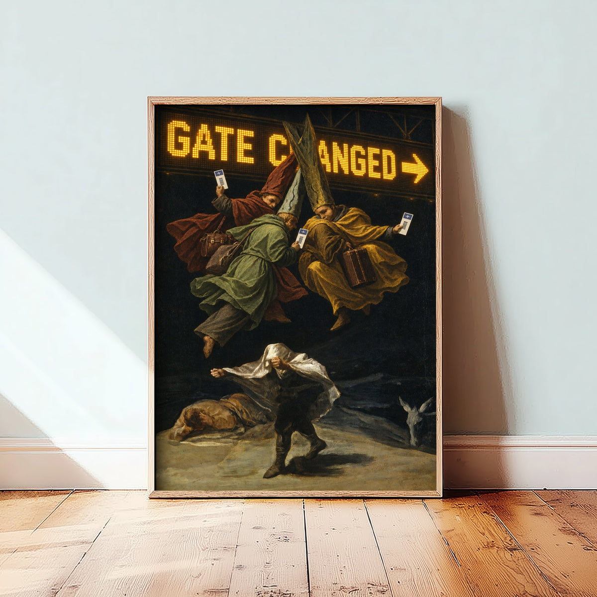 Gate Changed Funny Art Print - Witches Flight by Goya Parody Poster - Altered Classic Painting - Traveller Gift