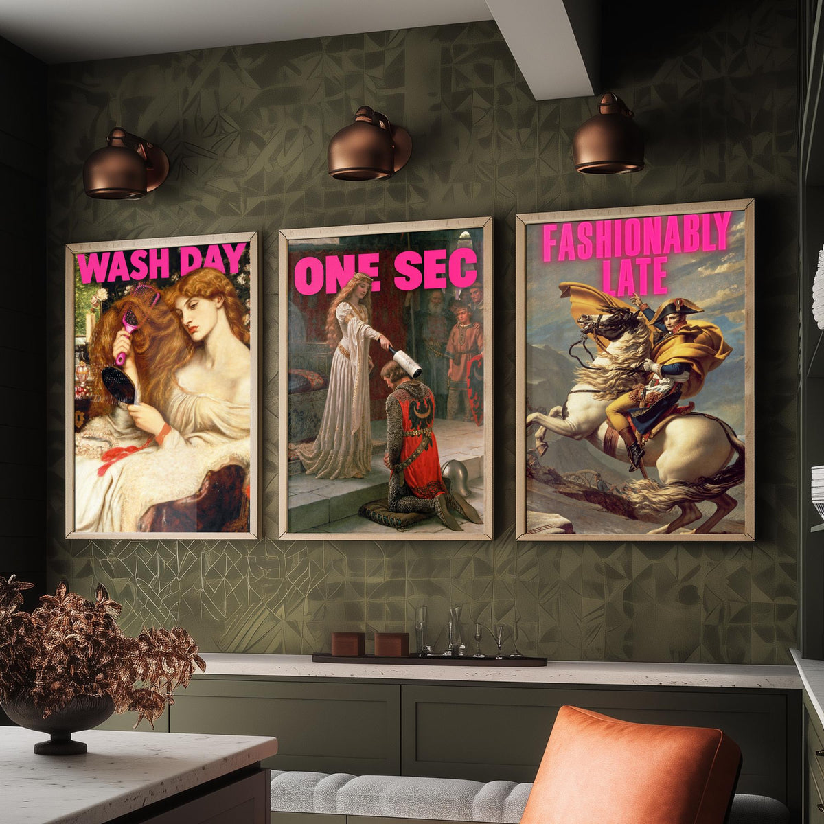 Funny Getting Ready Set of Three Art Prints - Wash Day, One Sec, Fashionably Late - Classic Painting Parody Poster