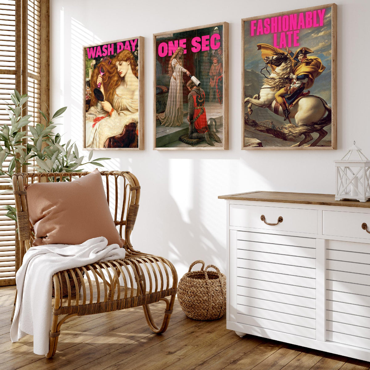 Funny Getting Ready Set of Three Art Prints - Wash Day, One Sec, Fashionably Late - Classic Painting Parody Poster