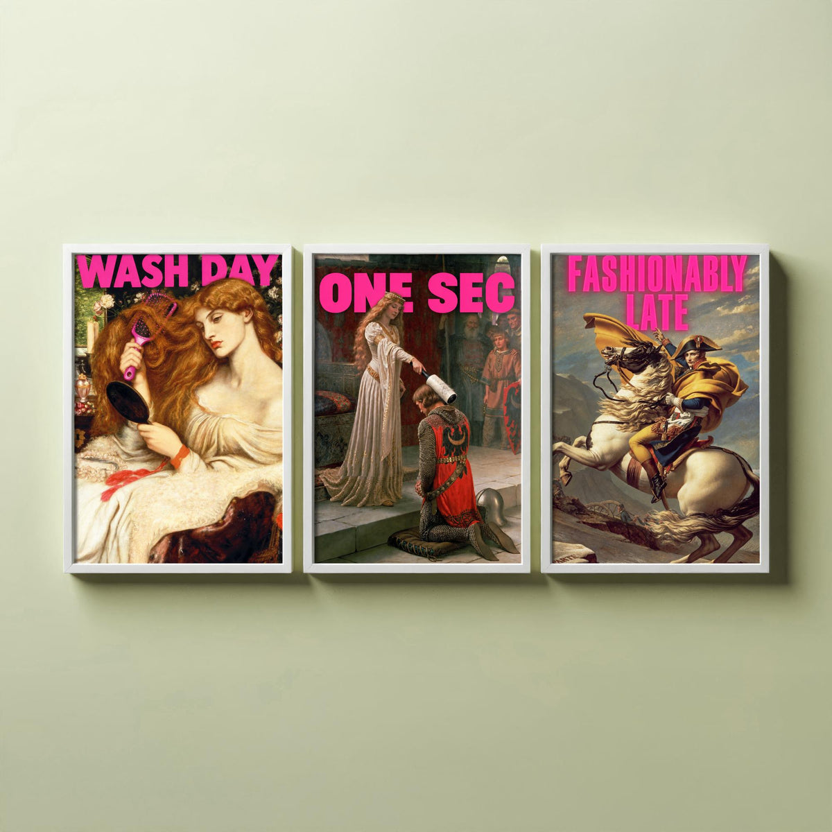 Funny Getting Ready Set of Three Art Prints - Wash Day, One Sec, Fashionably Late - Classic Painting Parody Poster