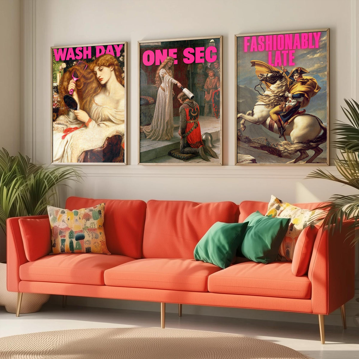 Funny Getting Ready Set of Three Art Prints - Wash Day, One Sec, Fashionably Late - Classic Painting Parody Poster