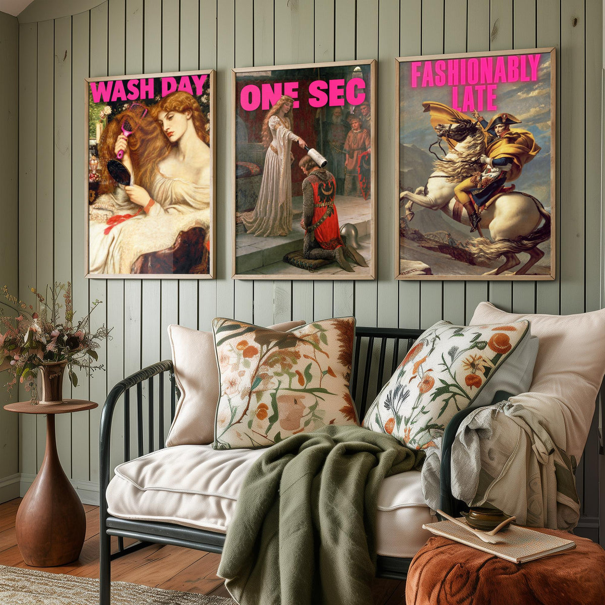 Funny Getting Ready Set of Three Art Prints - Wash Day, One Sec, Fashionably Late - Classic Painting Parody Poster