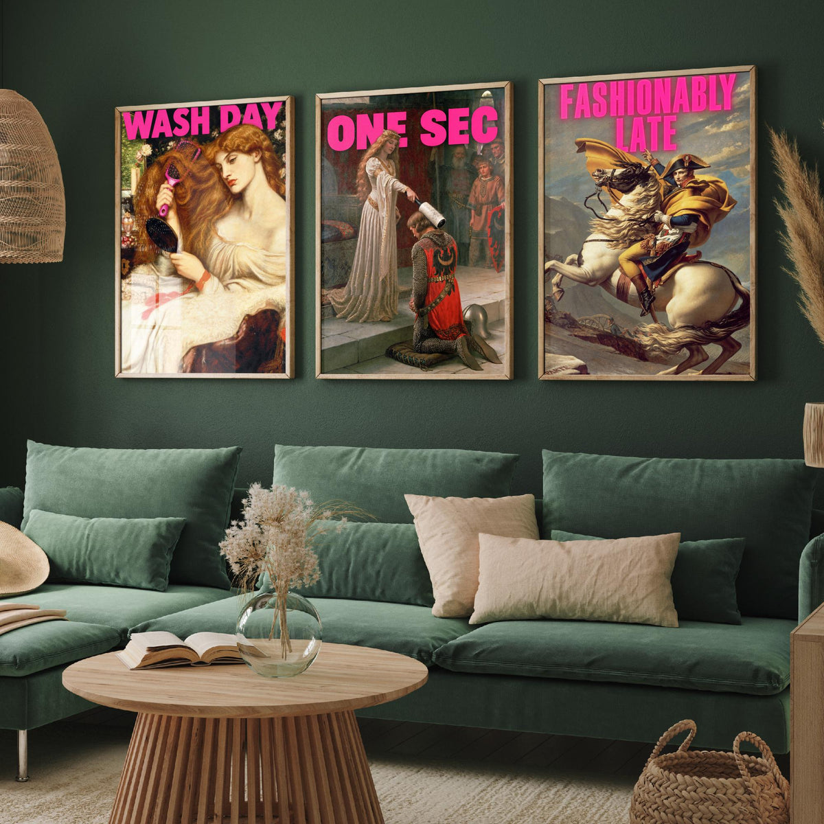 Funny Getting Ready Set of Three Art Prints - Wash Day, One Sec, Fashionably Late - Classic Painting Parody Poster
