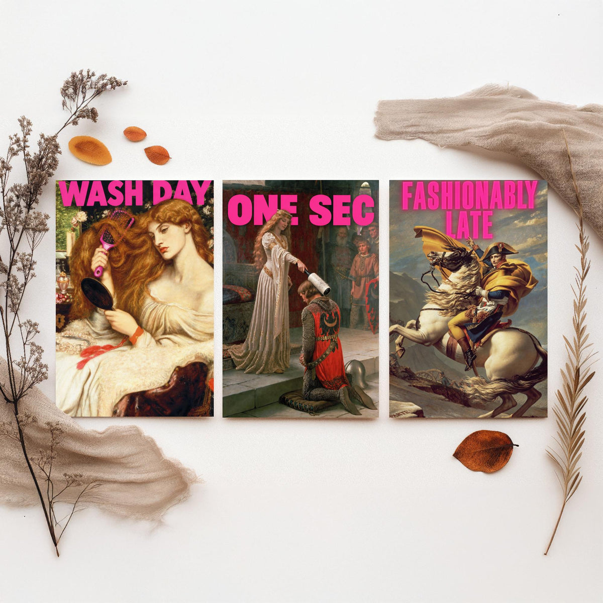 Funny Getting Ready Set of Three Art Prints - Wash Day, One Sec, Fashionably Late - Classic Painting Parody Poster