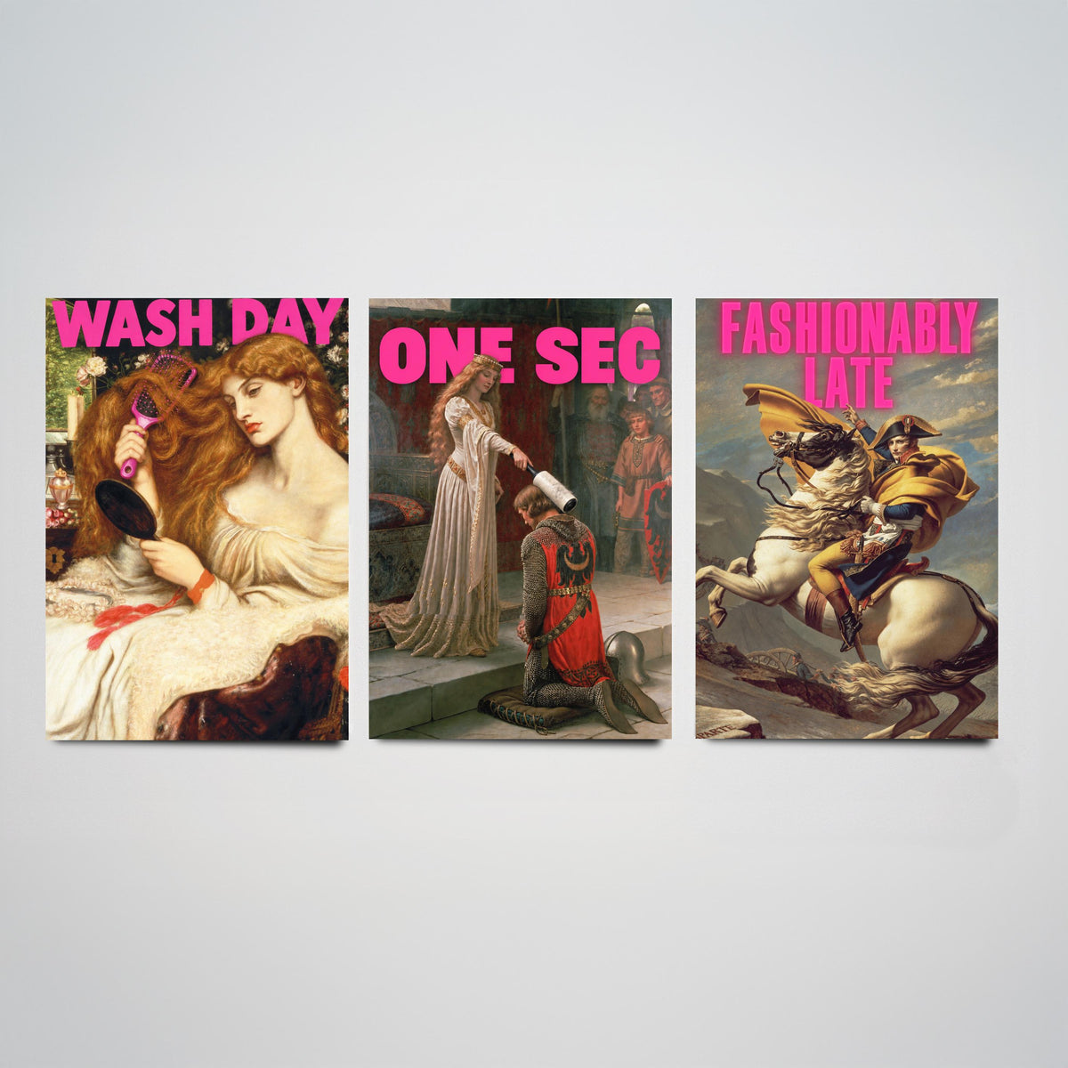 Funny Getting Ready Set of Three Art Prints - Wash Day, One Sec, Fashionably Late - Classic Painting Parody Poster