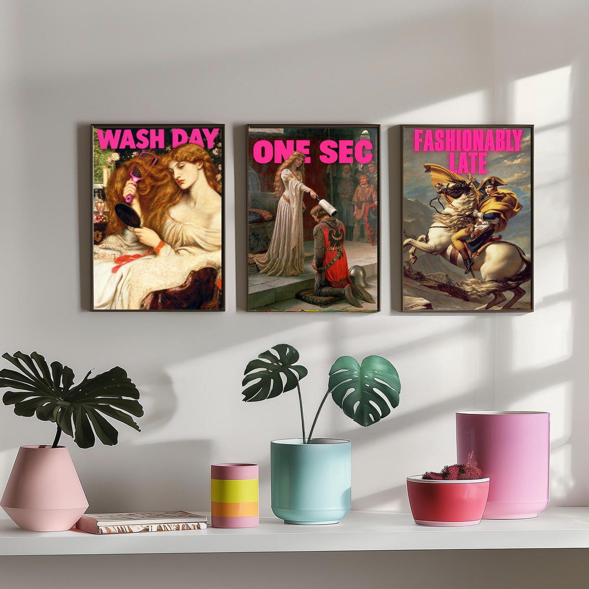 Funny Getting Ready Set of Three Art Prints - Wash Day, One Sec, Fashionably Late - Classic Painting Parody Poster