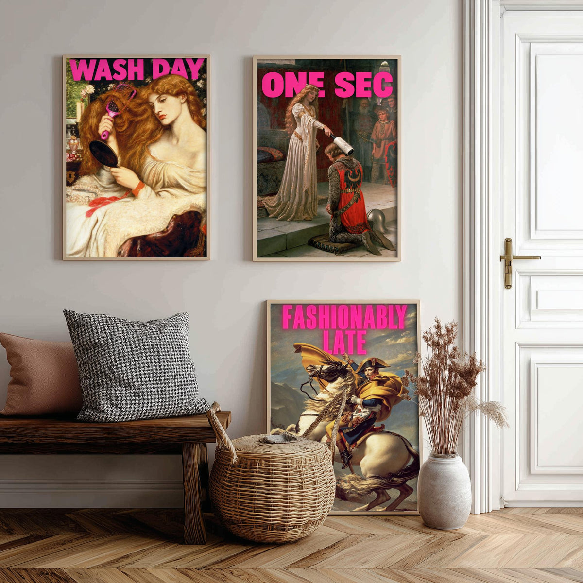 Funny Getting Ready Set of Three Art Prints - Wash Day, One Sec, Fashionably Late - Classic Painting Parody Poster
