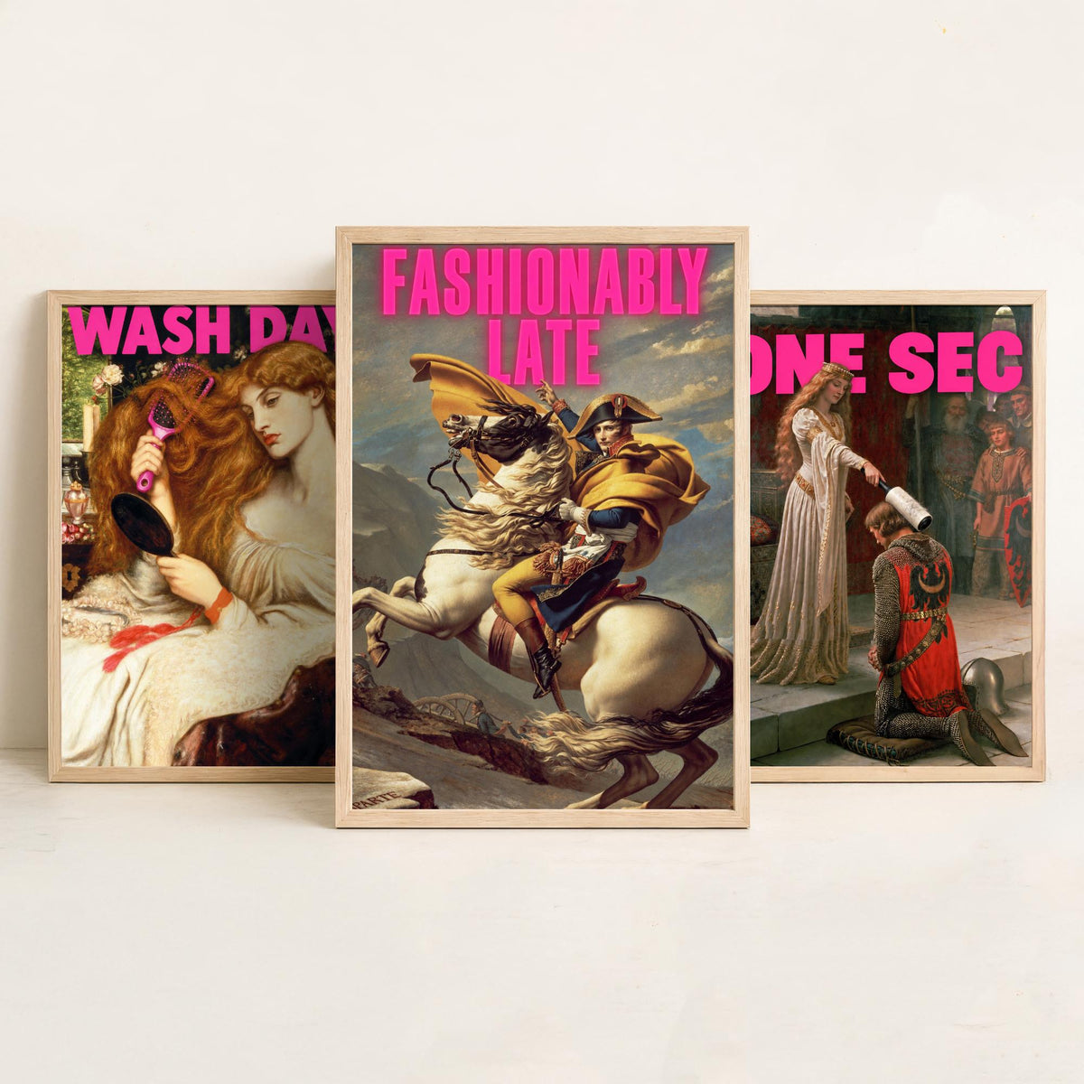 Funny Getting Ready Set of Three Art Prints - Wash Day, One Sec, Fashionably Late - Classic Painting Parody Poster