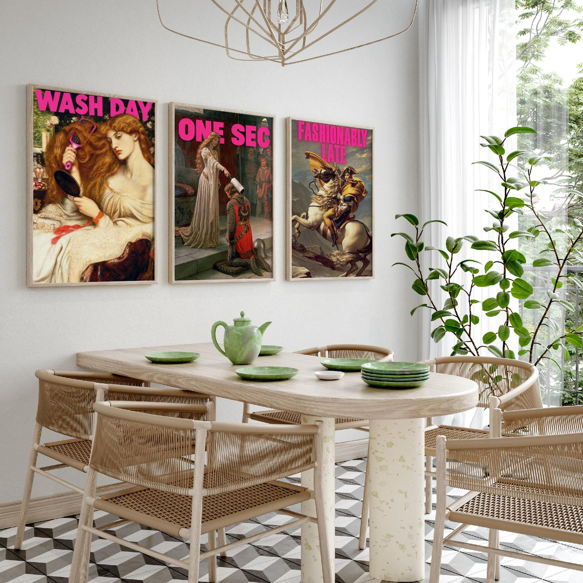 Funny Getting Ready Set of Three Art Prints - Wash Day, One Sec, Fashionably Late - Classic Painting Parody Poster