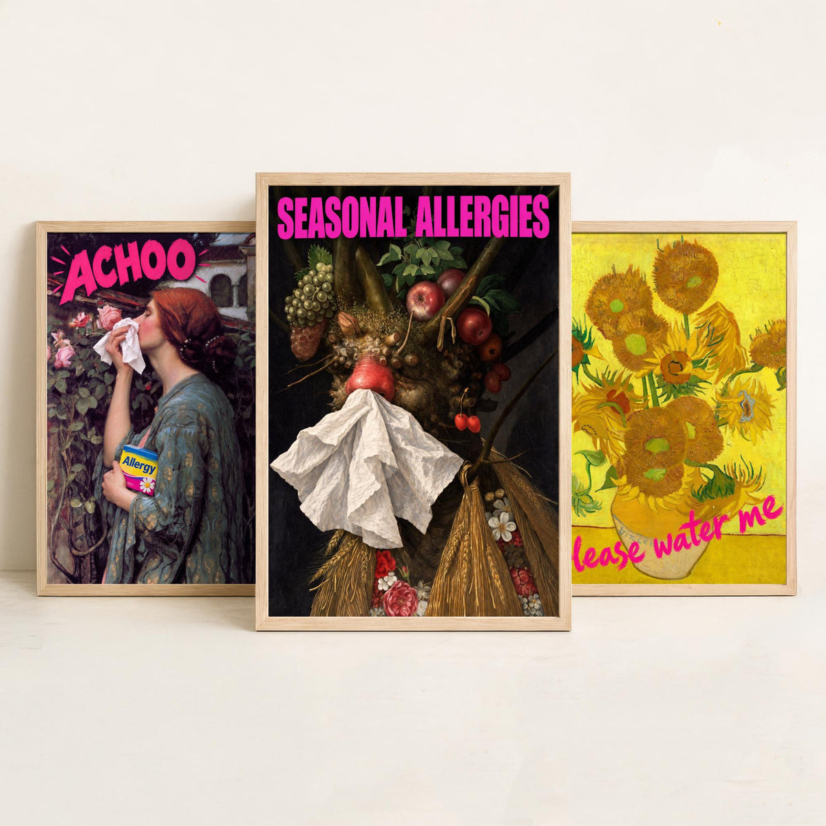 Funny Hay Fever Set of Three Art Prints - Achoo, Please Water Me, Seasonal Allergies - Classic Painting Parody Poster