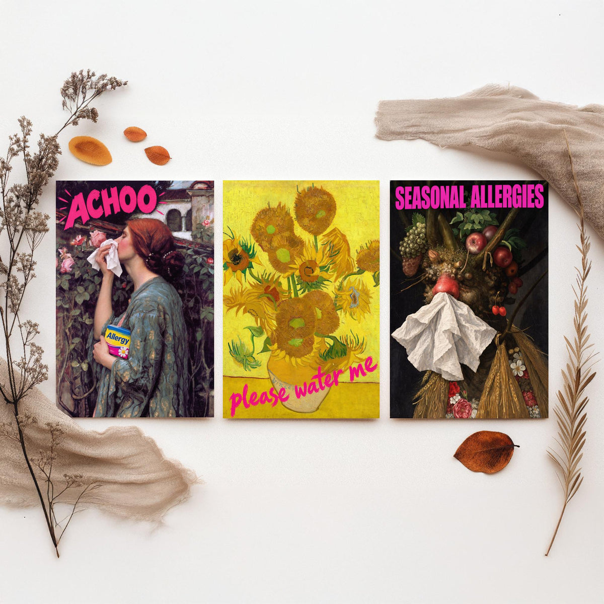 Funny Hay Fever Set of Three Art Prints - Achoo, Please Water Me, Seasonal Allergies - Classic Painting Parody Poster