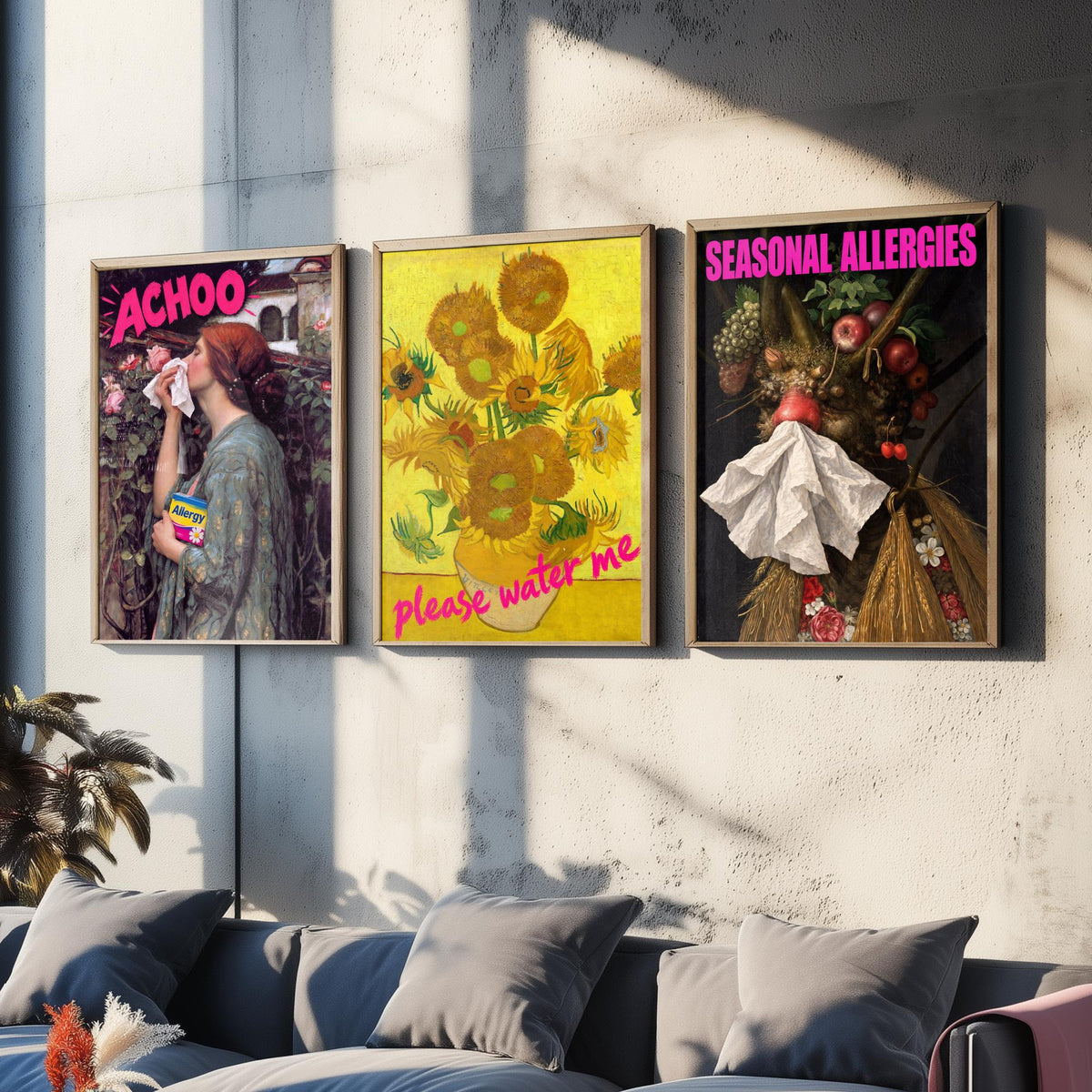 Funny Hay Fever Set of Three Art Prints - Achoo, Please Water Me, Seasonal Allergies - Classic Painting Parody Poster