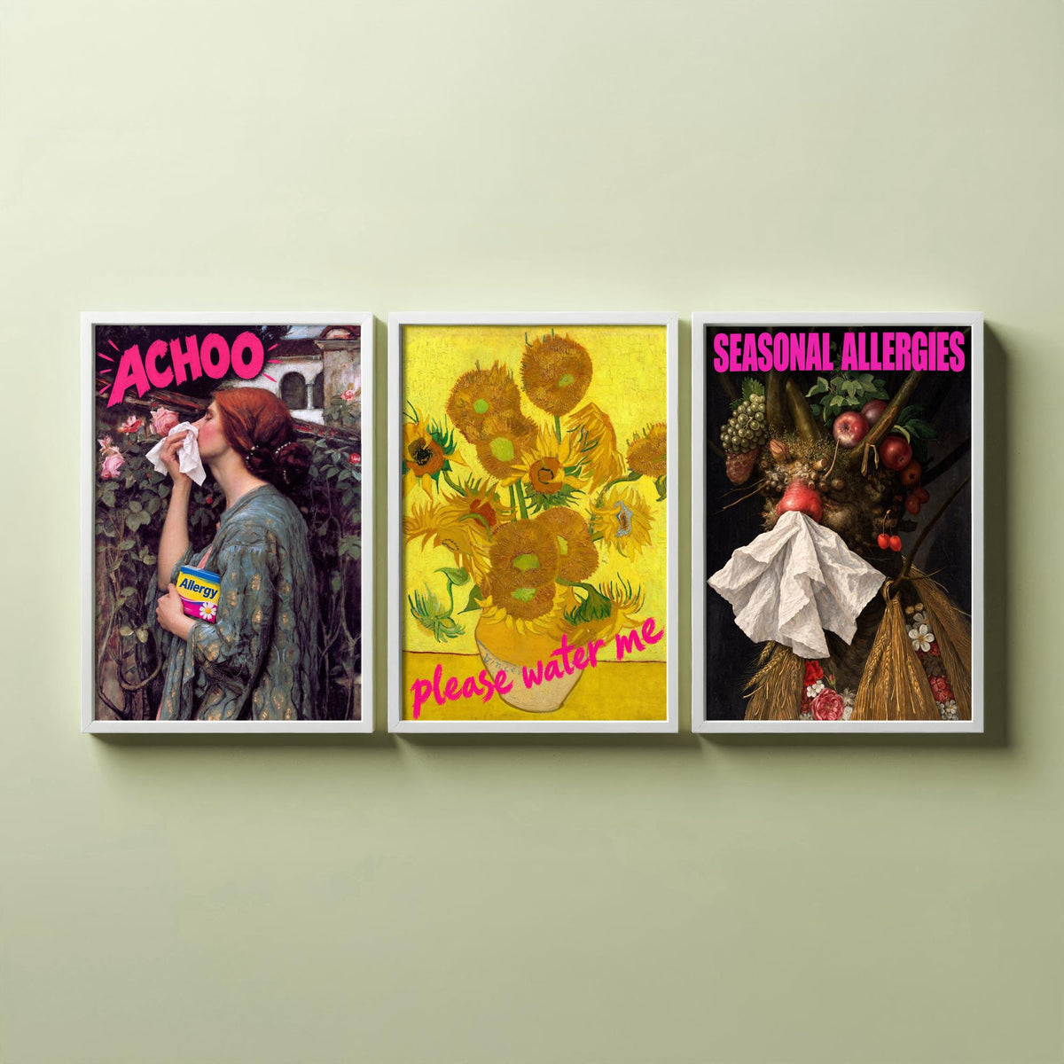 Funny Hay Fever Set of Three Art Prints - Achoo, Please Water Me, Seasonal Allergies - Classic Painting Parody Poster