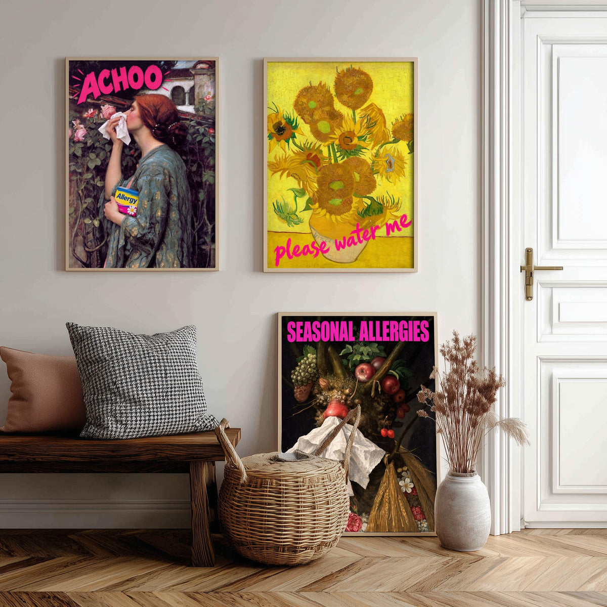Funny Hay Fever Set of Three Art Prints - Achoo, Please Water Me, Seasonal Allergies - Classic Painting Parody Poster