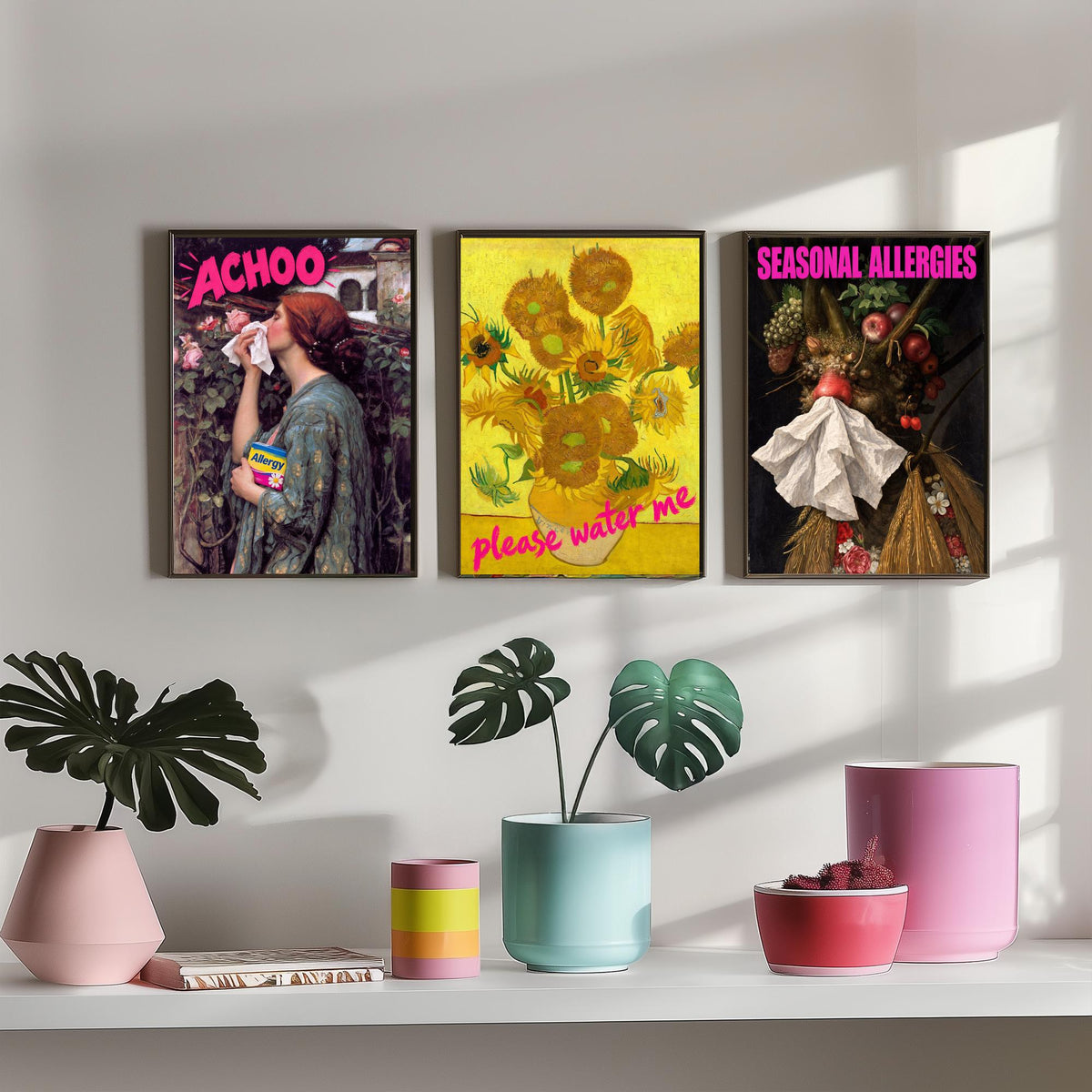 Funny Hay Fever Set of Three Art Prints - Achoo, Please Water Me, Seasonal Allergies - Classic Painting Parody Poster