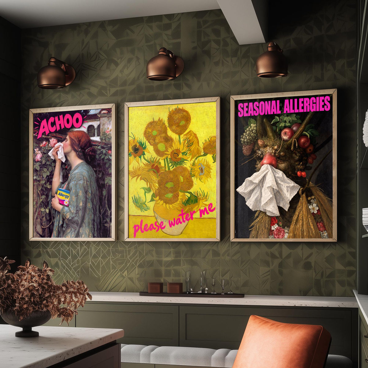 Funny Hay Fever Set of Three Art Prints - Achoo, Please Water Me, Seasonal Allergies - Classic Painting Parody Poster